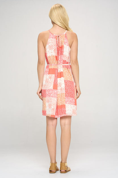 Sleeveless Patch Print Dress with Tie-4