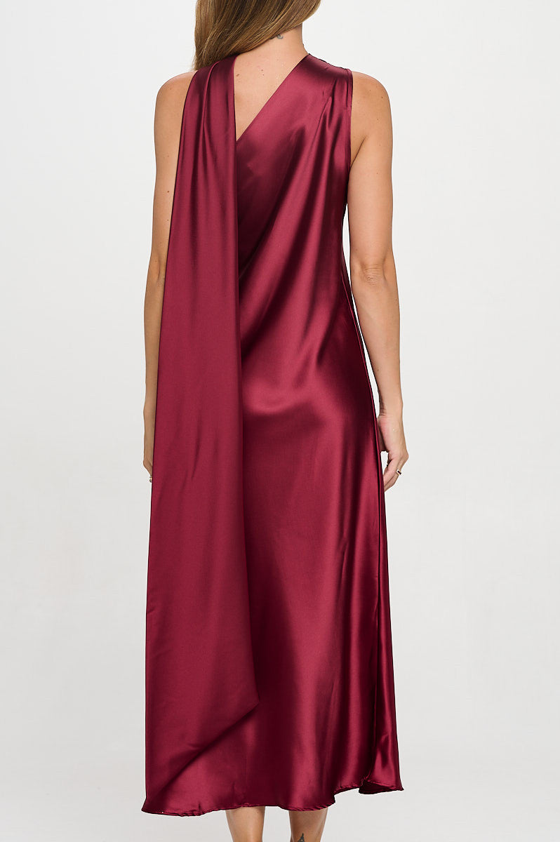 One Shoulder Satin Maxi Dress with Scarf Detail-3