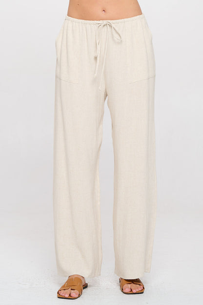 Linen Adjustable Straight Leg Pants with Pockets-0