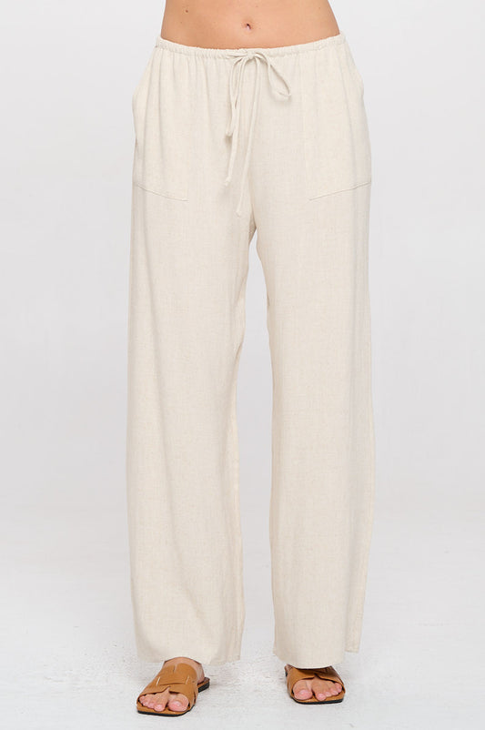 Linen Adjustable Straight Leg Pants with Pockets-0