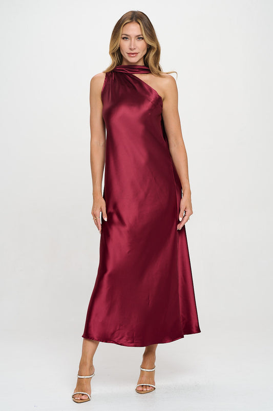 One Shoulder Satin Maxi Dress with Scarf Detail-0
