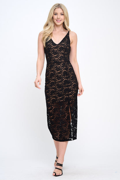 Lace Fully Lined V neck Midi Dress with Slit-4