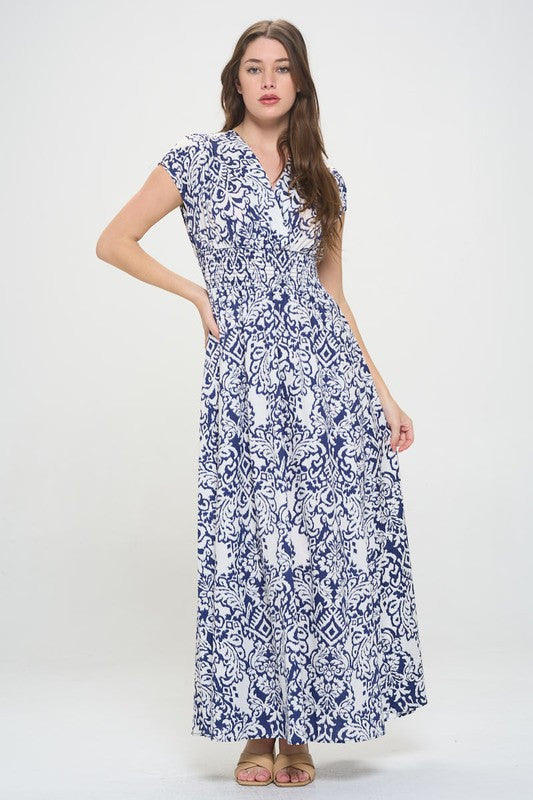 Print V neck Short Sleeve Dress w Smocked Elastic Waist-3