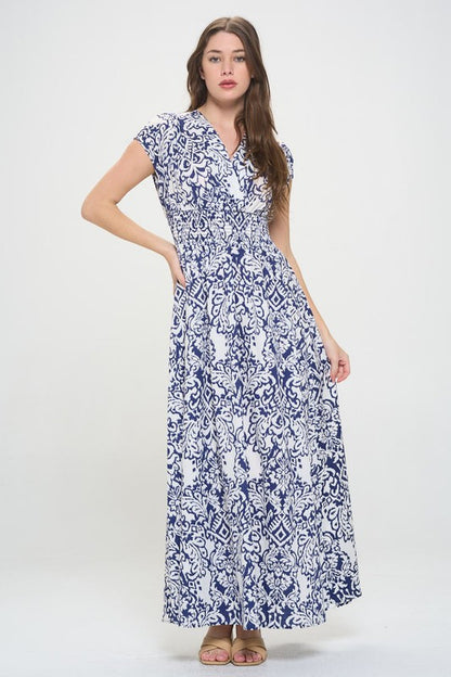 Print V neck Short Sleeve Dress w Smocked Elastic Waist-3