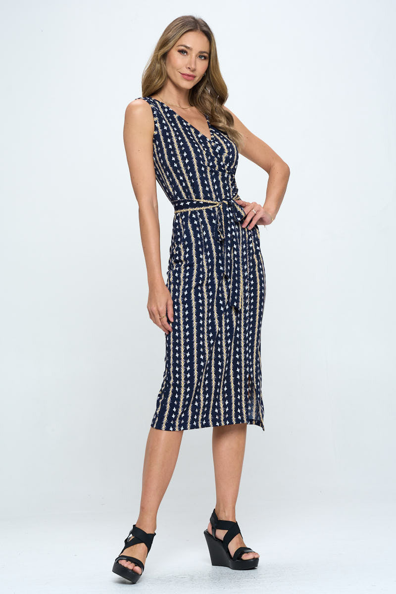 Print V neck Dress with Tie and Slit-2