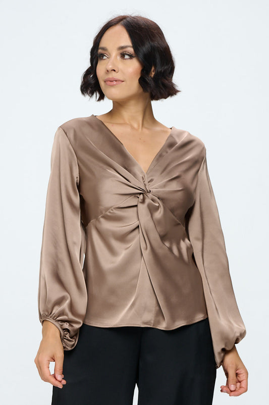 Stretch Satin V neck Top with Front Twist-0