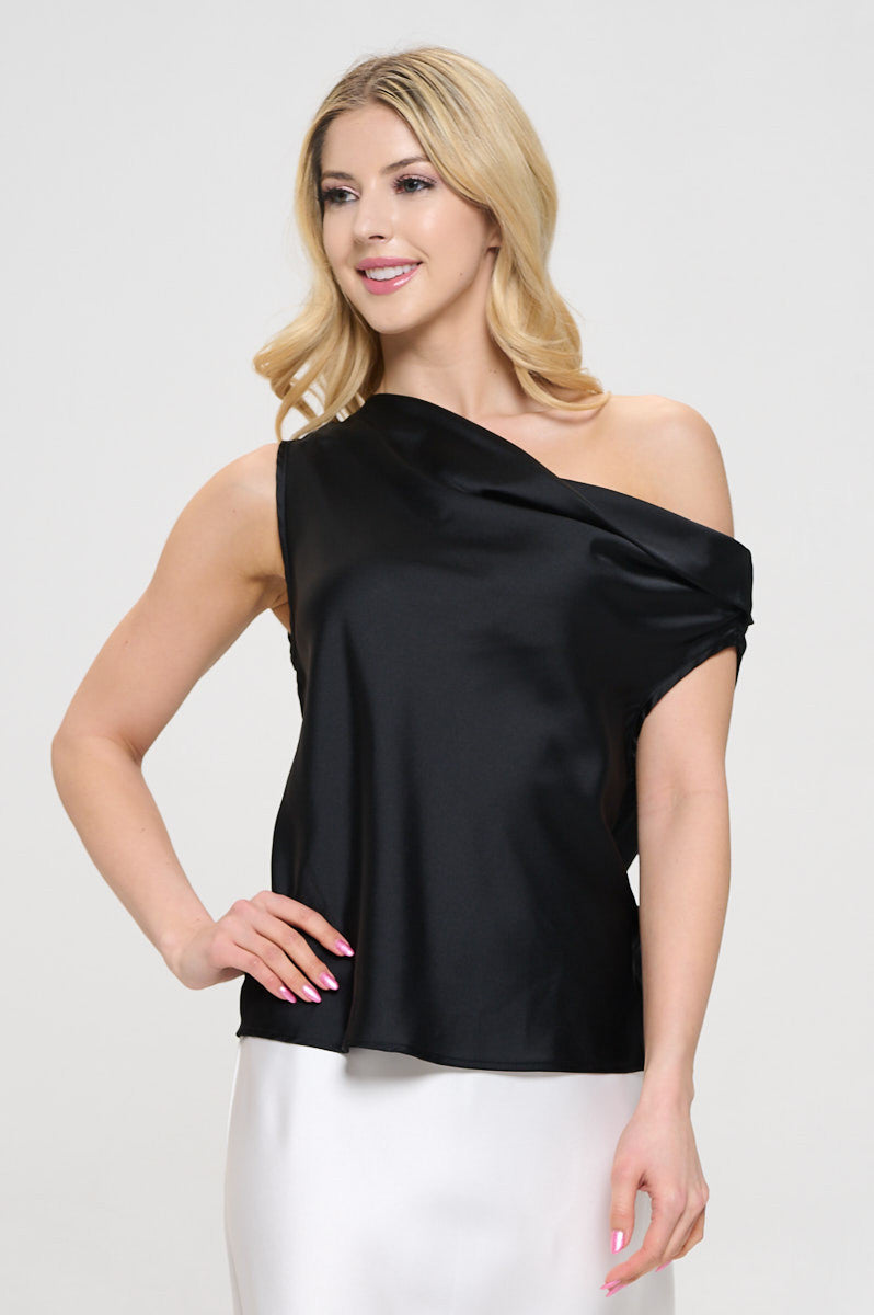 Dropped Shoulder Long Sleeve Satin Top-1
