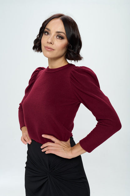 Burgundy Brushed Knit Top with Puff Sleeve-1