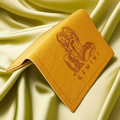 Exclusive handmade minimalist leather wallet with engraved zodiac Gemini.-4
