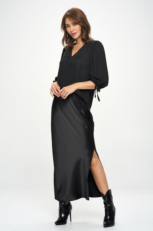 Solid V neck Top with Self Tie Sleeves-2