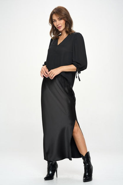 Solid V neck Top with Self Tie Sleeves-2