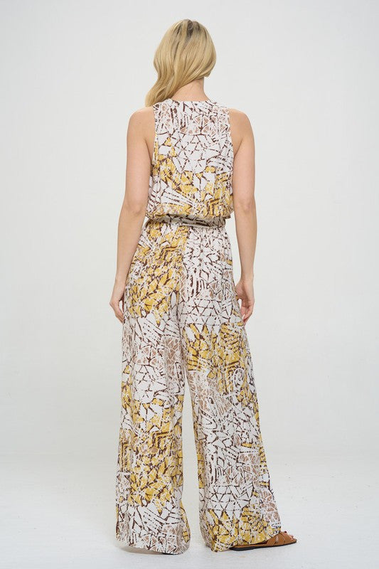Print V neck Sleeveless Jumpsuit with Tie-3