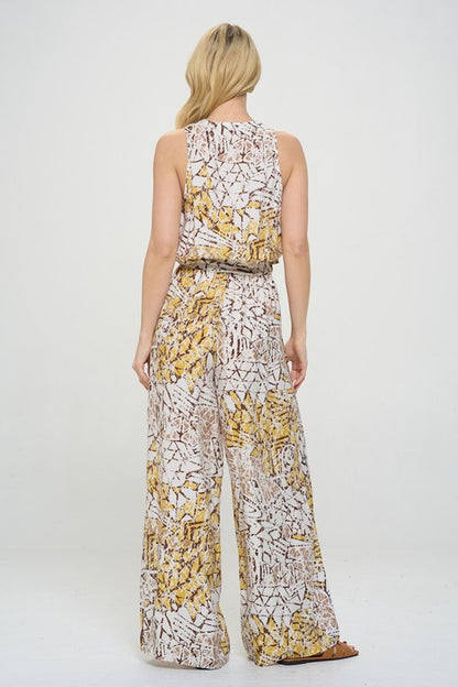 Print V neck Sleeveless Jumpsuit with Tie-3