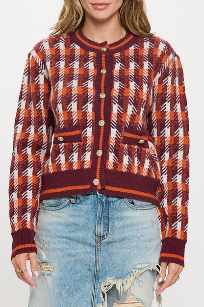 Abstract Plaid Tweed Print Long Sleeve Cardigan with Button Detail-1