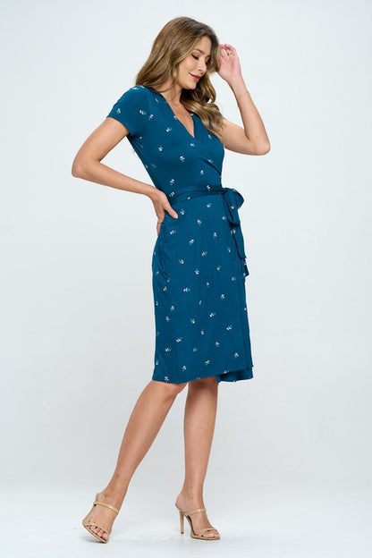 Floral Print V neck Jersey Wrap Dress with Tie-3