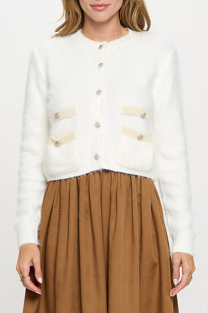 Fuzzy Long Sleeve Cardigan with Two Pockets Detail and Buttons-1