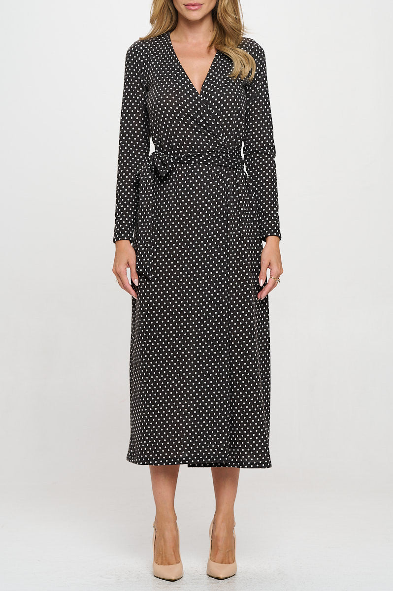 Polka Dot Sweater Knit V neck Wrap Dress-1