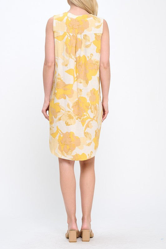 Floral Linen V neck Sleeveless Dress with Curved Hem-3