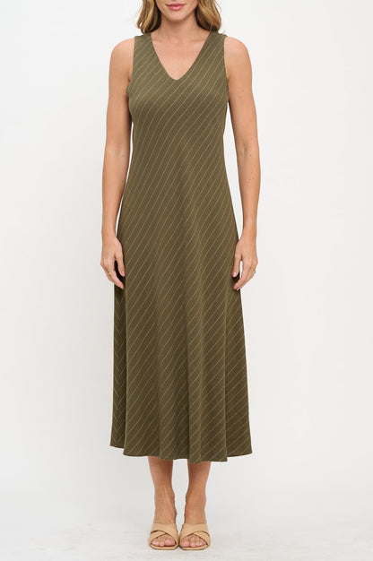 Linen Striped V neck Midi Dress-1