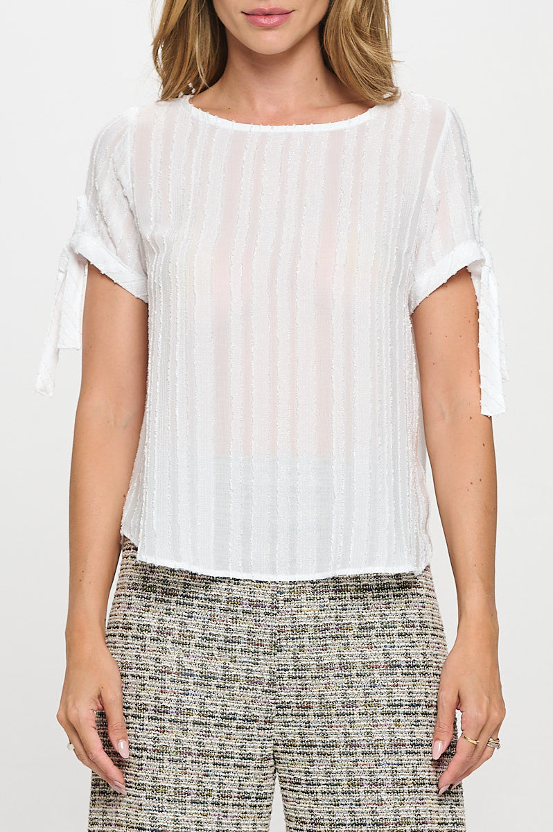 Textured Solid Short Sleeve Top with Tie Sleeve-2