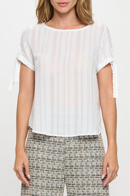 Textured Solid Short Sleeve Top with Tie Sleeve-2