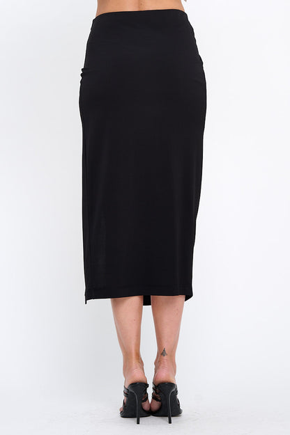 Solid Ruched Midi Skirt with Slit-3