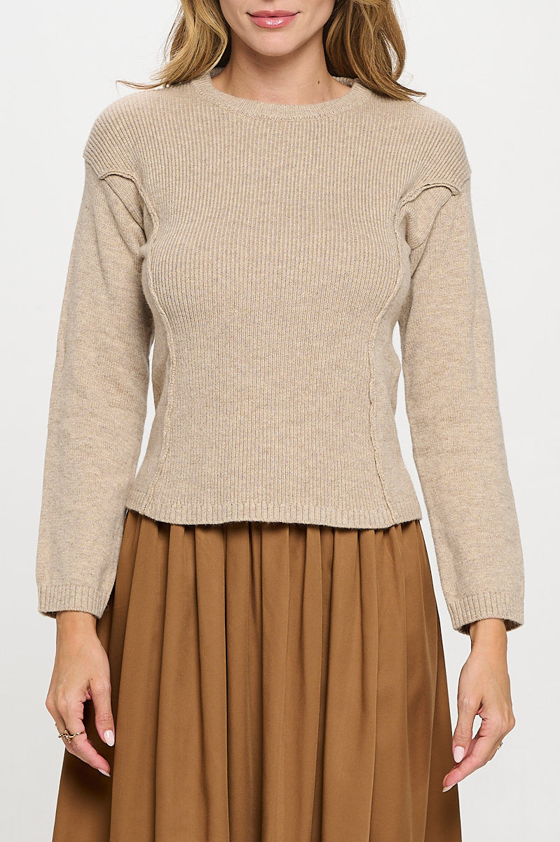 Rib Knit Solid Long Sleeve Pullover Sweater-2