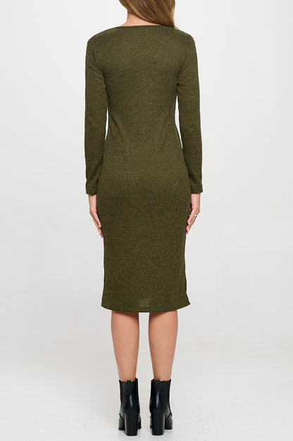 Rib Knit Round neck Bodycon Midi Dress with Side Slit-4