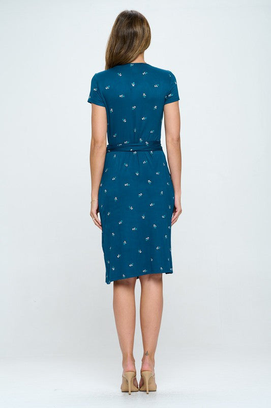 Floral Print V neck Jersey Wrap Dress with Tie-4