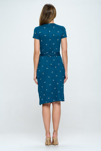 Floral Print V neck Jersey Wrap Dress with Tie-4