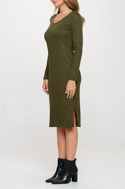 Rib Knit Round neck Bodycon Midi Dress with Side Slit-3