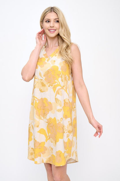 Floral Linen V neck Sleeveless Dress with Curved Hem-0