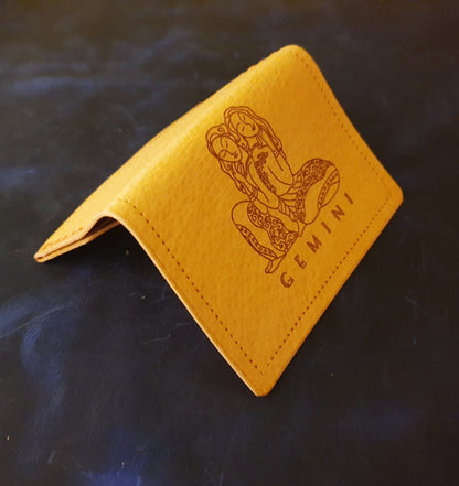 Exclusive handmade minimalist leather wallet with engraved zodiac Gemini.-10