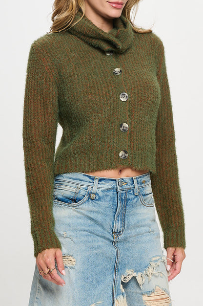 Knit Long Sleeve Collard Cardigan with Buttons-3