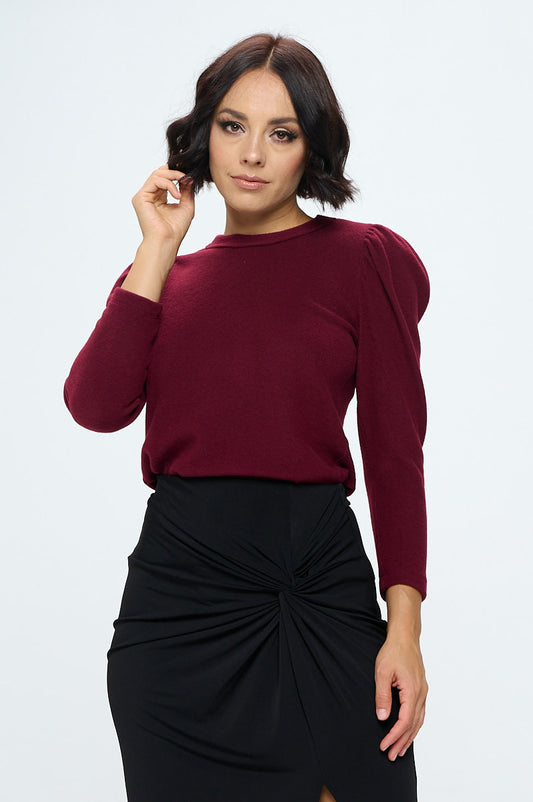 Burgundy Brushed Knit Top with Puff Sleeve-0