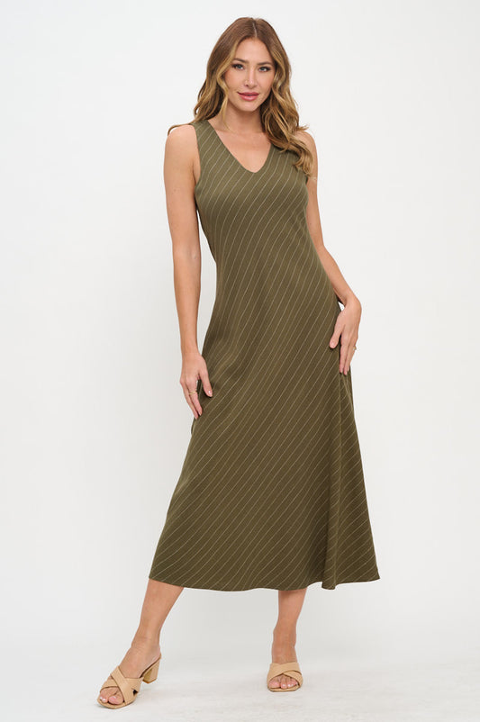 Linen Striped V neck Midi Dress-0