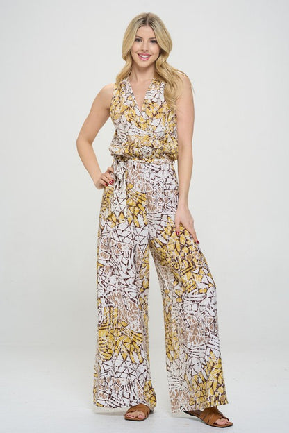 Print V neck Sleeveless Jumpsuit with Tie-1