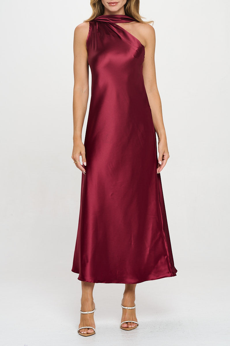 One Shoulder Satin Maxi Dress with Scarf Detail-1