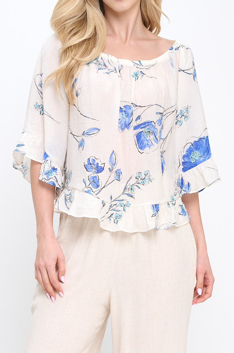 Floral Print Off shoulder Semi Sheer Top with Ruffle Sleeve-1