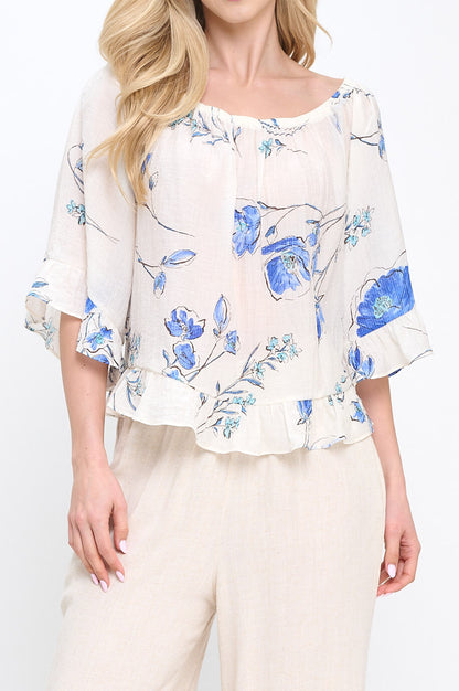Floral Print Off shoulder Semi Sheer Top with Ruffle Sleeve-1