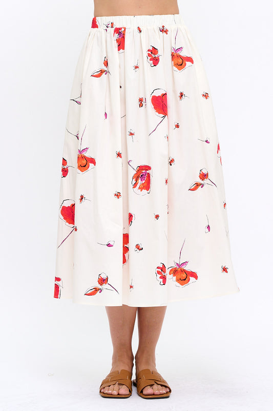 Cotton Floral Flowy Midi Skirt with Pockets-0