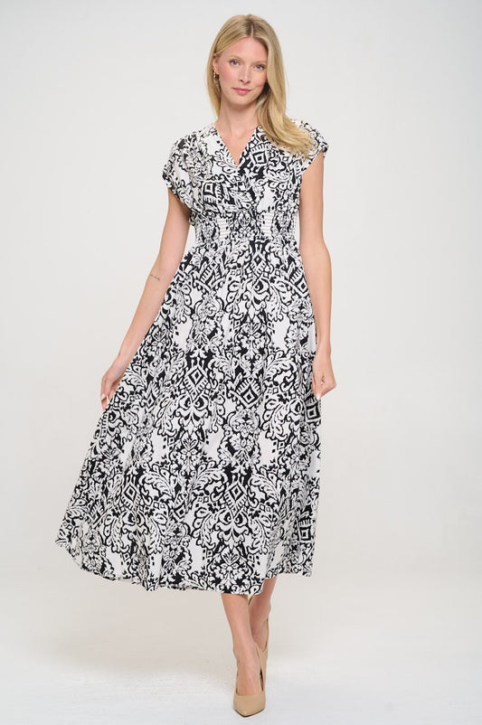 Print V neck Short Sleeve Dress w Smocked Elastic Waist-0