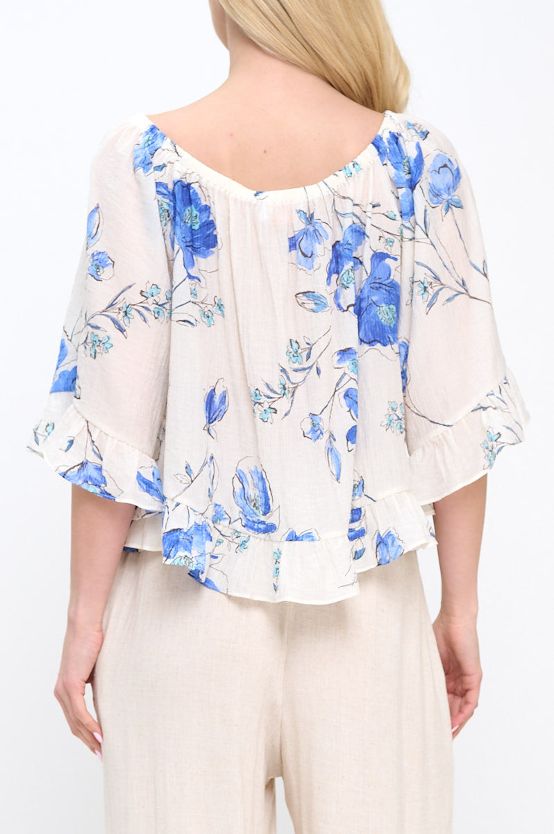 Floral Print Off shoulder Semi Sheer Top with Ruffle Sleeve-3
