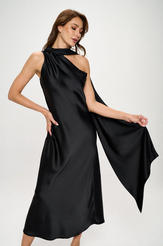 One Shoulder Satin Maxi Dress with Scarf Detail-0