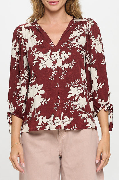Floral Print V neck Top with Tie Sleeve-1