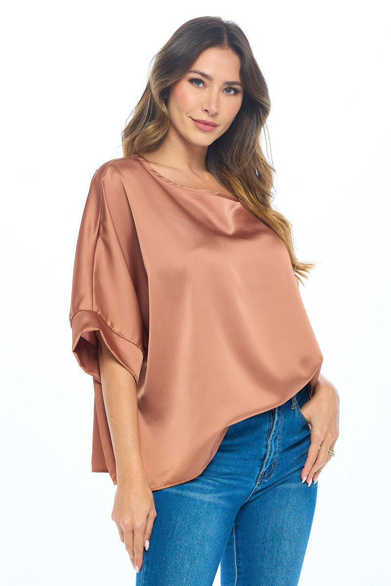 Stretch Satin Solid Round neck Oversize Top-2
