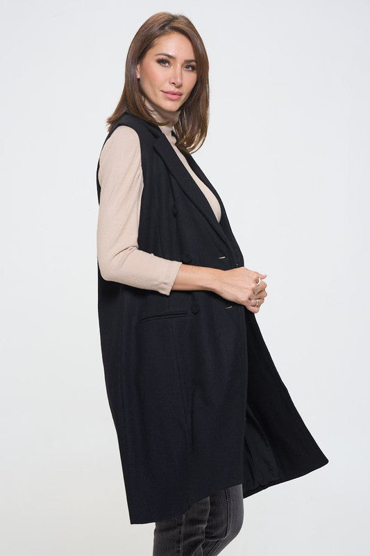 Double Breast Detail Sleeveless Coat with Collar-2