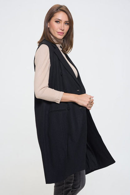 Double Breast Detail Sleeveless Coat with Collar-2