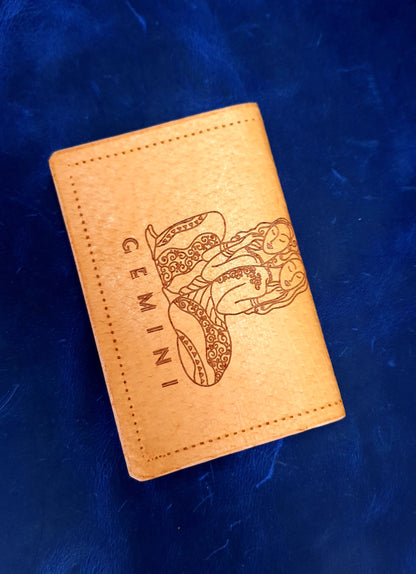 Exclusive handmade minimalist leather wallet with engraved zodiac Gemini.-5