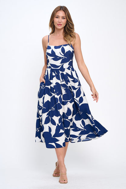 Floral Print Midi Sleeveless Dress with Pockets-4